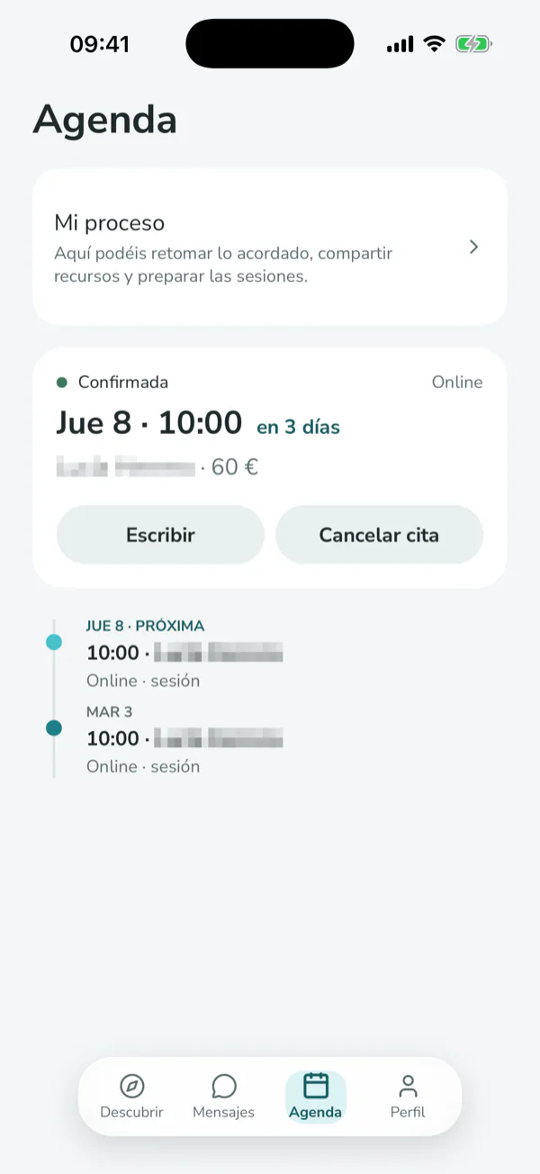 Pantalla de la app: agenda con la próxima cita confirmada y las sesiones anteriores.