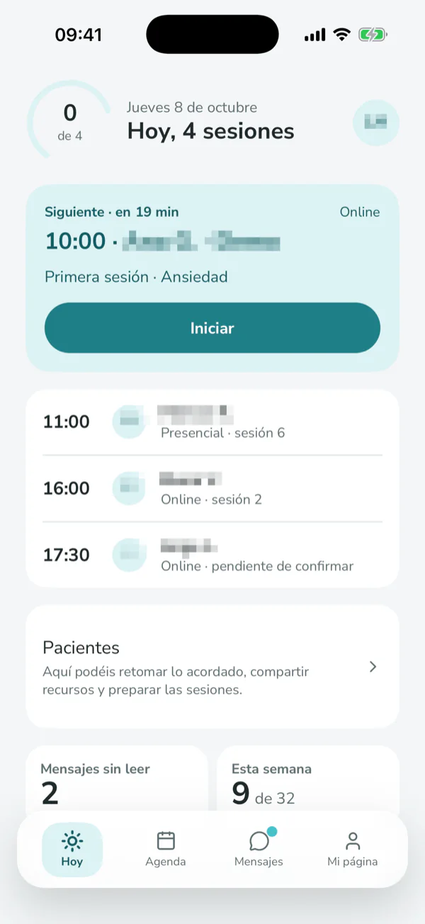 Pantalla de la app: el día del profesional con la próxima sesión, la agenda del día, mensajes sin leer y sesiones de la semana.