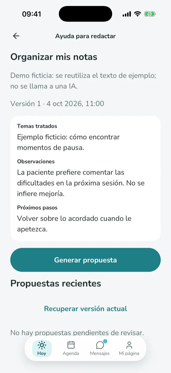 Pantalla de la app: ayuda para redactar, con los campos de la sesión y el botón de generar propuesta.